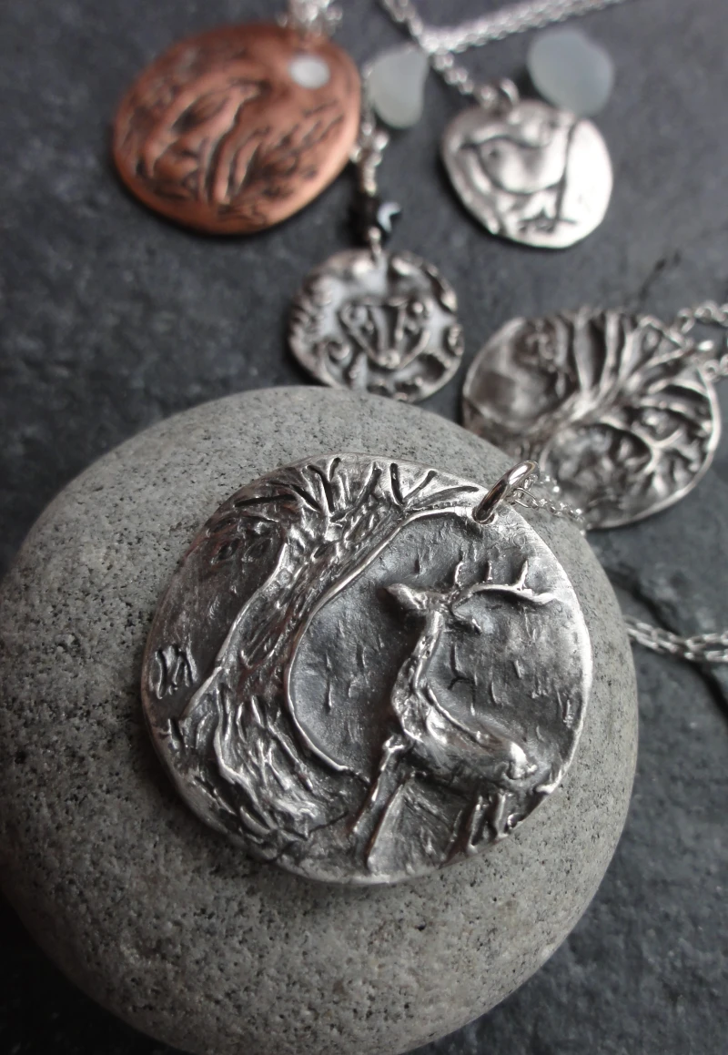 Stag and Tree recycled silver pendant