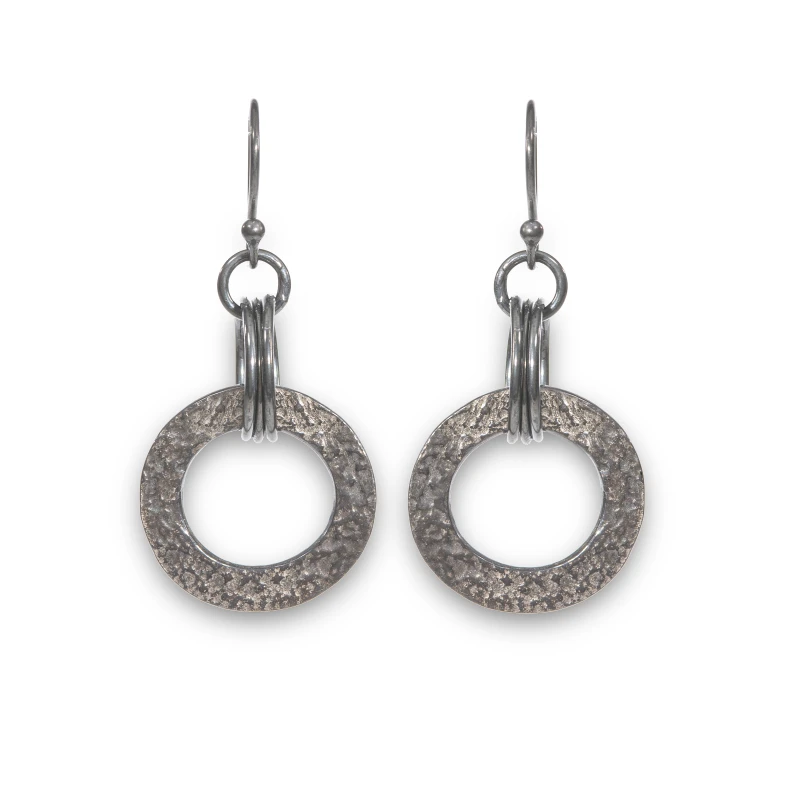 Oxidised textured recycled silver circular drop earrings