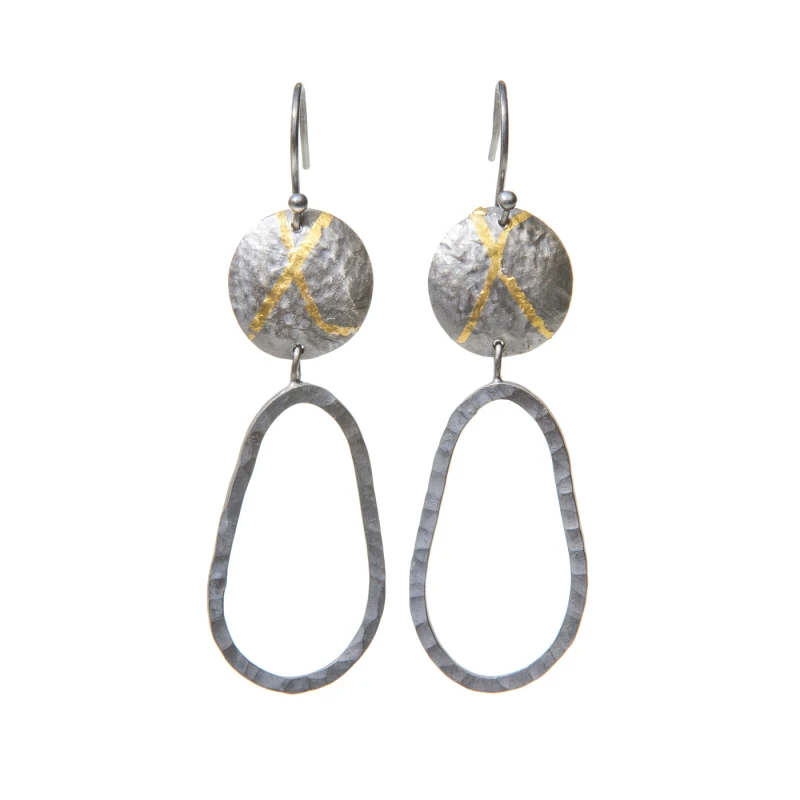 Long drop statement earrings, oxidised with gold keum boo