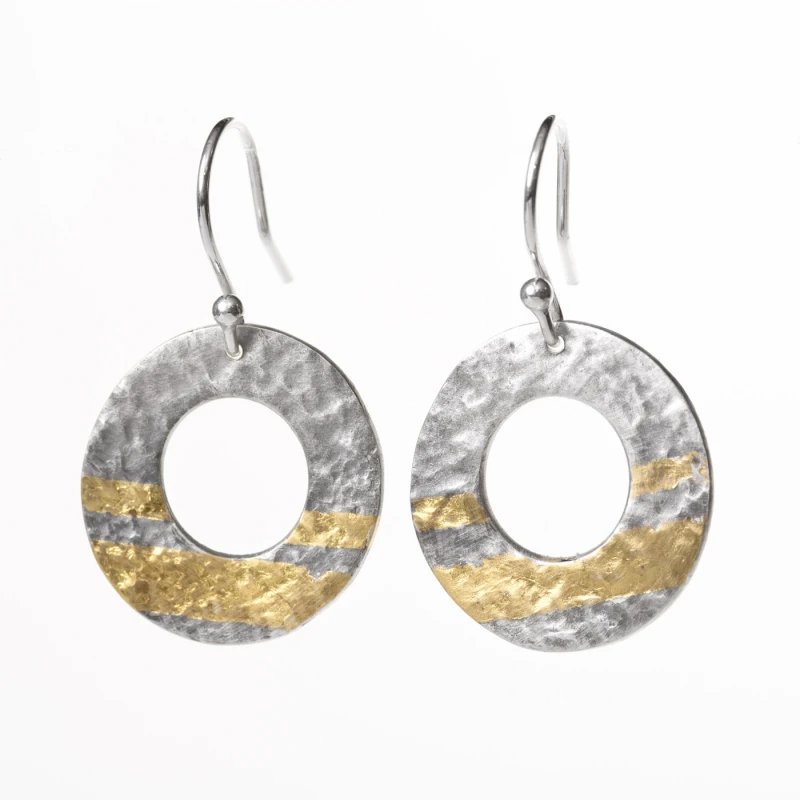 Recycled silver oxidised gold stripe drop earrings