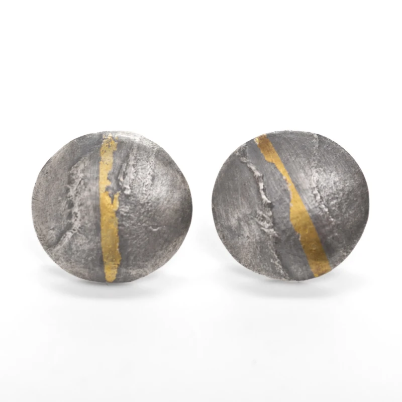 Small recycled silver oxidised gold striped stud