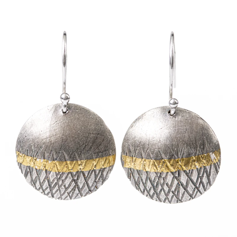 Textured recycled silver drop earring, with a 24carat gold stripe